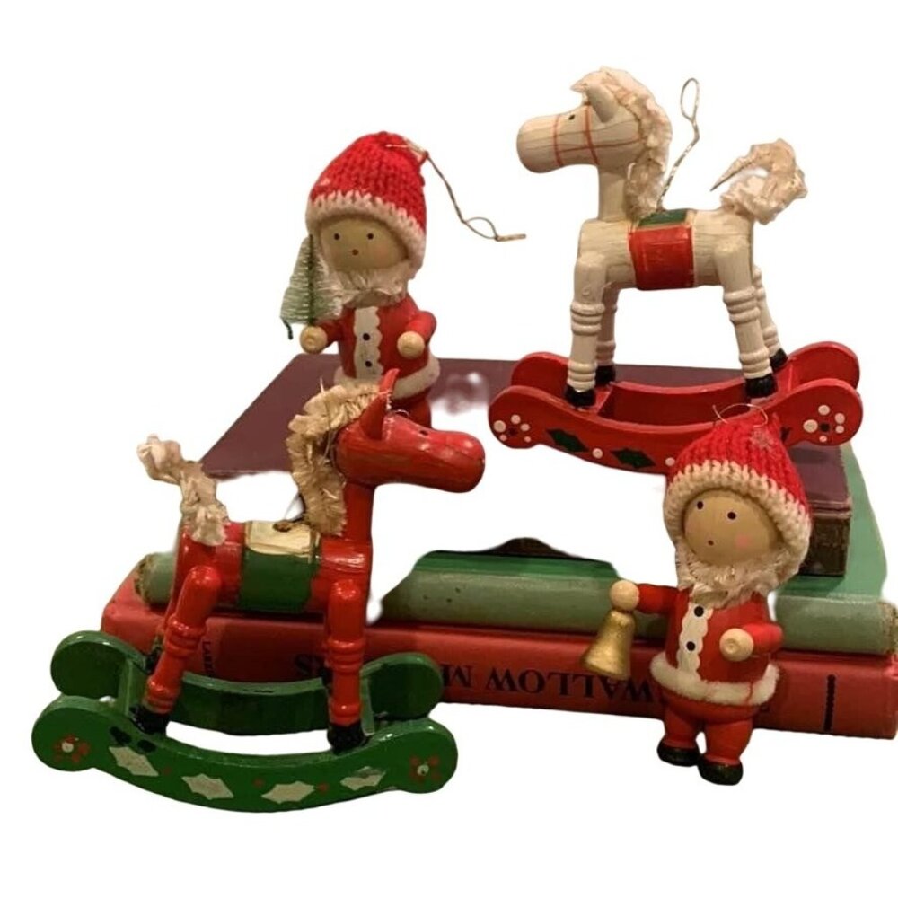 Vintage Wooden Rocking Horses & Snowman Ornaments Set